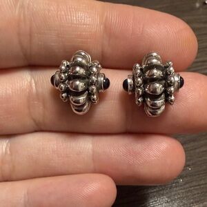 Sterling Silver Bead Cluster Stud Earrings with Black Accent